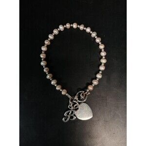 Sterling Silver 925 Pearl Bracelet Heart Charm Initial B 6.25"